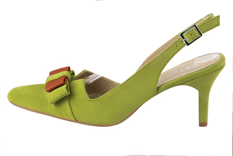 Pistachio green women's open back shoes, with a knot. Tapered toe. High slim heel. Profile view - Florence KOOIJMAN